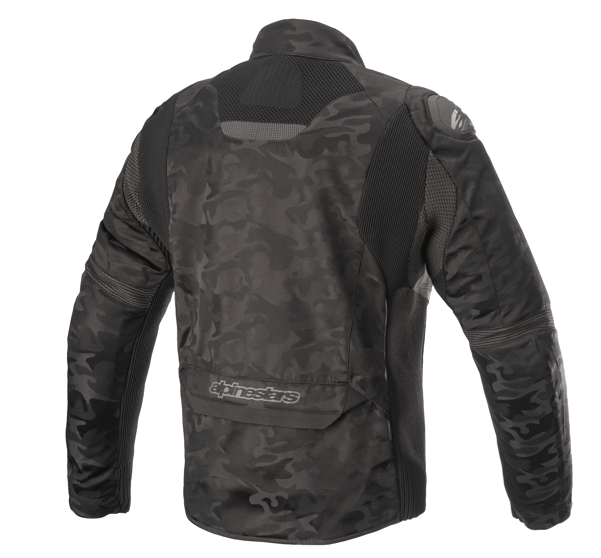 Alpinestars T SP-5 Rideknit® textieljas, motorjas, Black Camo, achteraanzicht met gebreide stretchpanelen, camouflagepatroon op slijtvast textiel, Alpinestars-logo op de onderrug