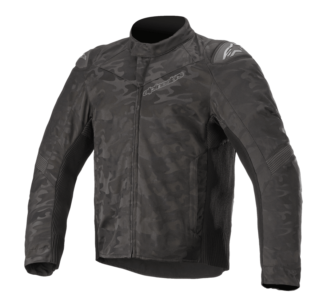 Alpinestars T SP-5 Rideknit® Textieljas, motorjas, Black Camo, donker camouflagepatroon, geribbelde gebreide panelen voor stretch, externe schoudersliders, hoge kraag, gestroomlijnde sportieve pasvorm