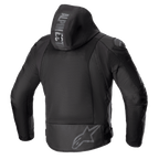 Alpinestars Zaca Air Jacket, veste de moto textile, noire, vue arrière avec de grands panneaux de ventilation en maille 3D, capuche amovible avec marquage Alpinestars, logo étoile gris sur le bas du dos, équipement de protection avec curseurs d'épaule DFS Lite