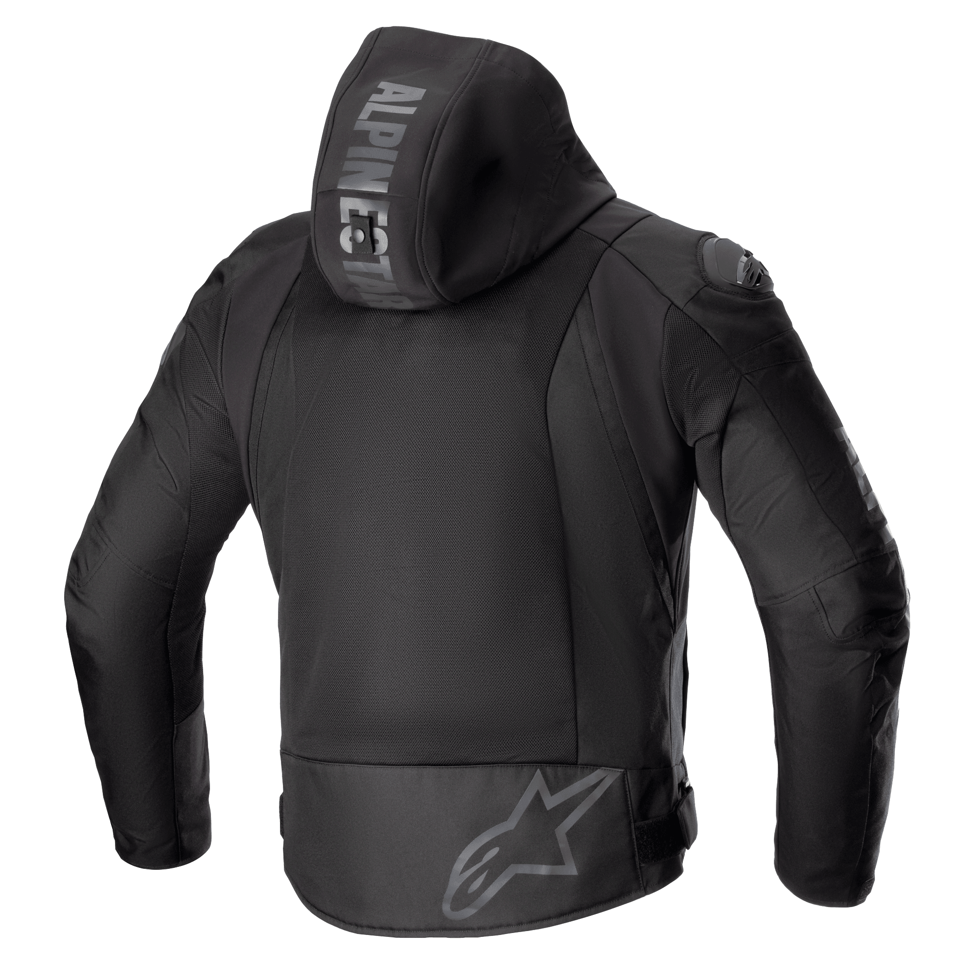 Alpinestars Zaca Air Jacket, veste de moto textile, noire, vue arrière avec de grands panneaux de ventilation en maille 3D, capuche amovible avec marquage Alpinestars, logo étoile gris sur le bas du dos, équipement de protection avec curseurs d'épaule DFS Lite