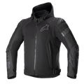Alpinestars Zaca Air Jacket, veste de moto en textile noir, design à capuche avec fermeture éclair frontale, panneaux en maille 3D pour la respirabilité, curseurs d'épaule externes DFS Lite, logos ton sur ton sur la poitrine et les bras, sangles de réglage à la taille, style urbain sportif