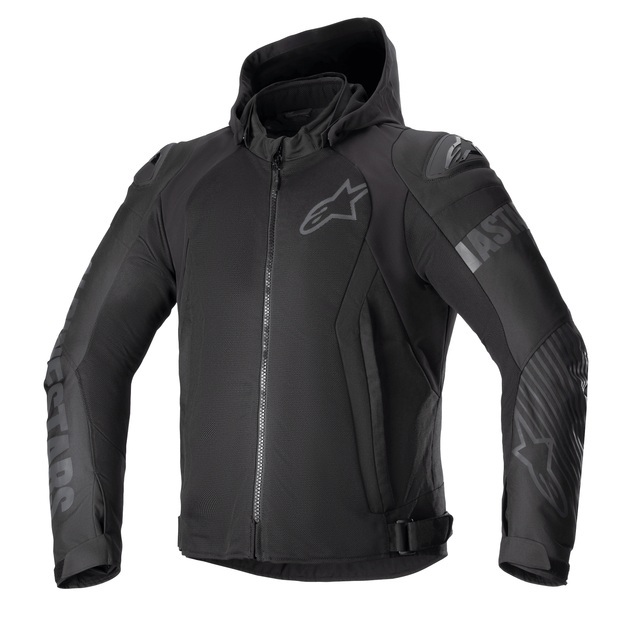 Alpinestars Zaca Air Jacket, veste de moto en textile noir, design à capuche avec fermeture éclair frontale, panneaux en maille 3D pour la respirabilité, curseurs d'épaule externes DFS Lite, logos ton sur ton sur la poitrine et les bras, sangles de réglage à la taille, style urbain sportif