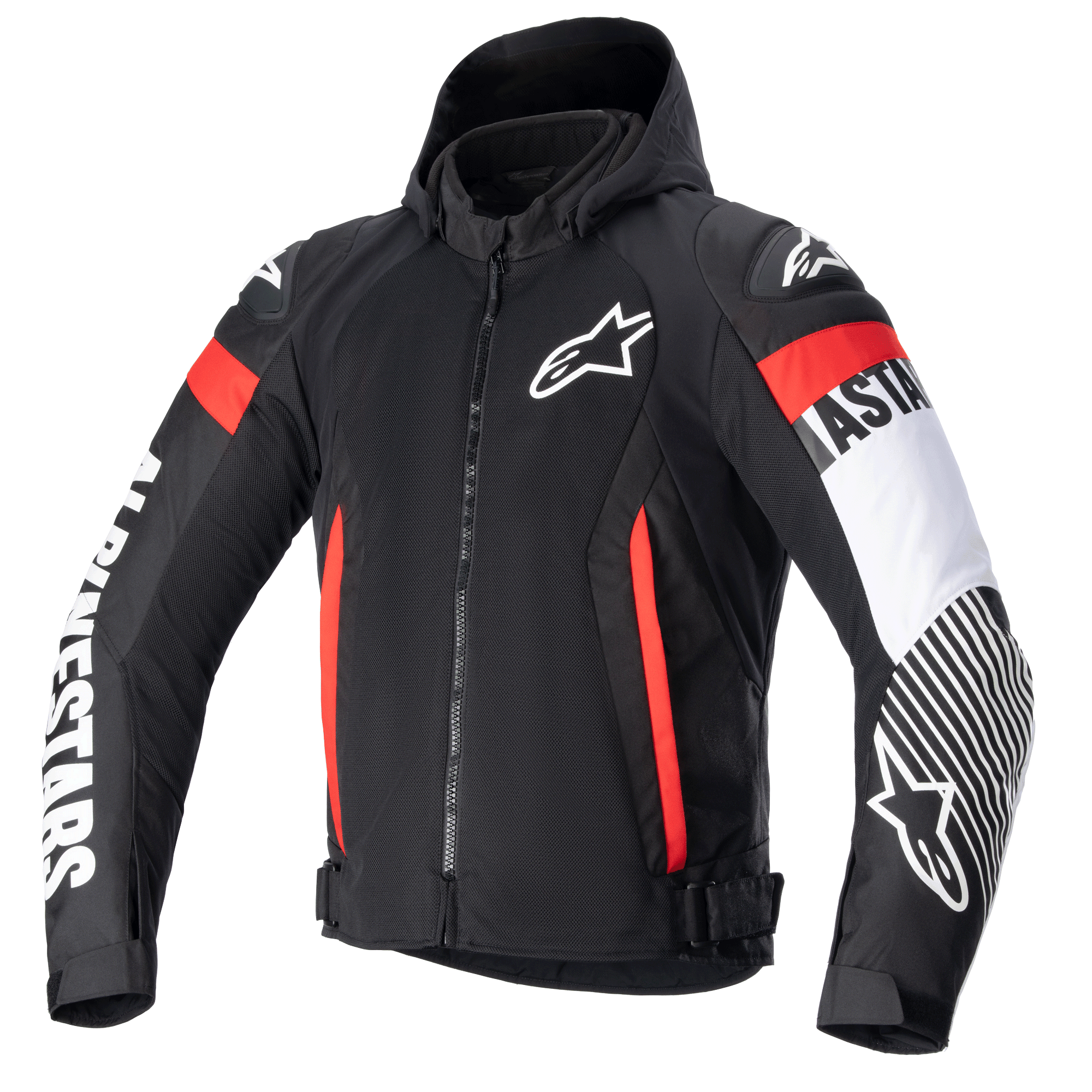 Alpinestars Zaca Air Jacke, schwarze Textil-Motorradjacke mit roten und weißen Fluo-Akzenten, abnehmbare Kapuze, 3D-Mesh-Einsätze zur Belüftung, auffälliges weißes Alpinestars-Branding auf den Ärmeln, Stern-Logo auf der Brust, verstellbare Taillenriemen.