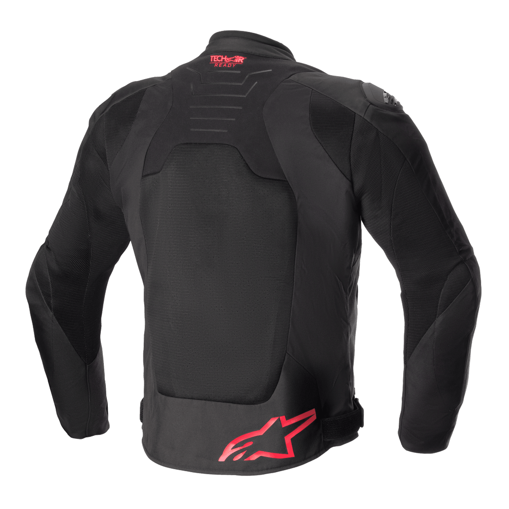 Alpinestars SMX Air Jacket, Rear View, Black with Bright Red accents, ventilated mesh back panel, Tech-Air Ready branding on upper back, red Alpinestars logo on lower back, sport motorcycle jacket.