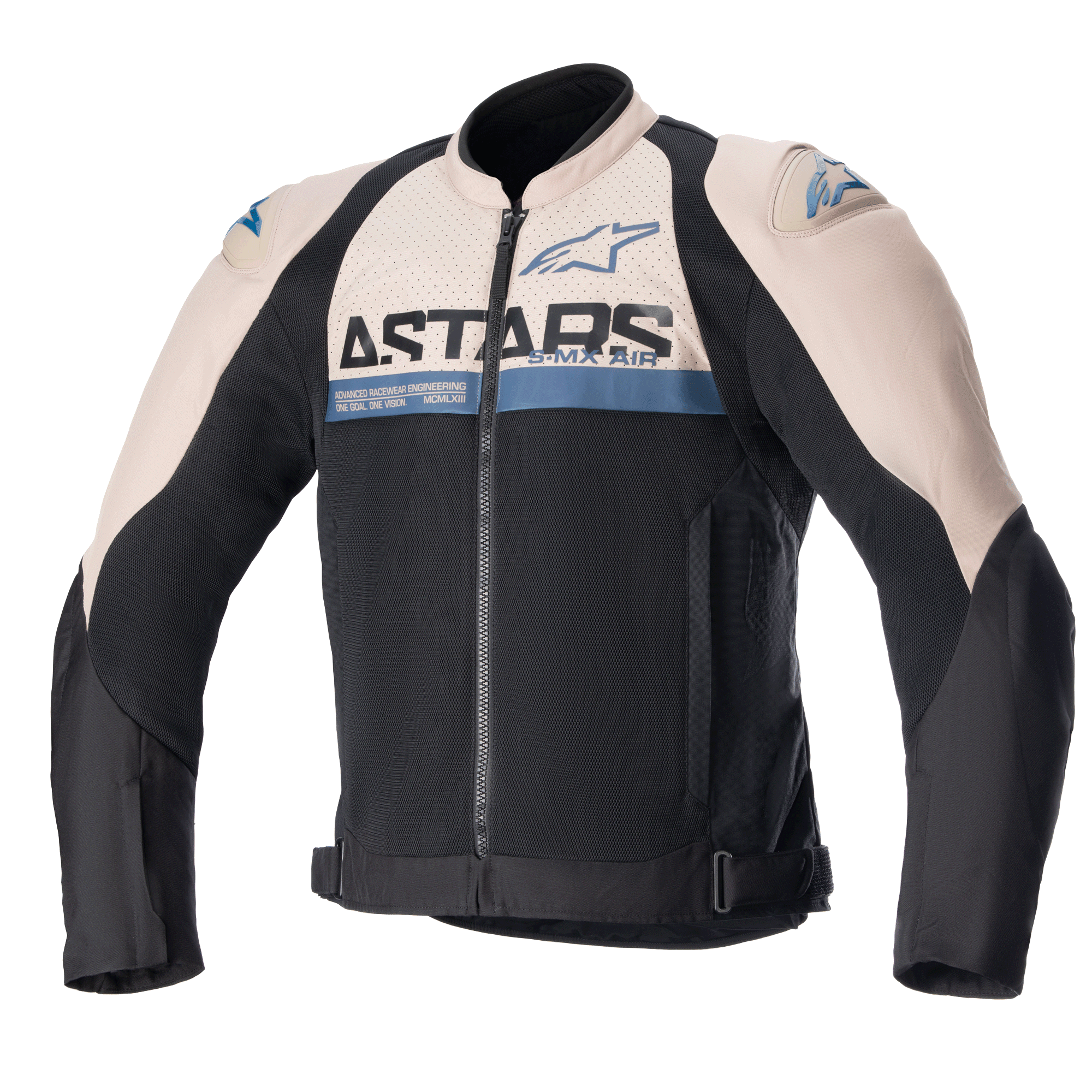 Alpinestars SMX Air Jacke, Motorrad-Sportjacke, hellbraun und schwarz mit sodalithblauen Akzenten, Mesh-Belüftungseinsätze, ASTARS-Branding auf der Brust, Frontreißverschluss, verstellbare Taillenriemen, schützende Schulter-Slider