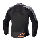 Alpinestars SMX Air Jacket, Textile Motorcycle Jacket, Black and Dark Gray with Orange Fluo, back view showing large mesh panels, Tech-Air Ready logo on upper back, and orange star logo at the bottom.