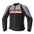 Alpinestars SMX Air Jacket, Motorcycle Sport Jacket, Dark Gray and Black with Orange Fluo accents, featuring perforated tech mesh panels and bold ASTARS branding on the chest, long sleeves, front zipper, and adjustable waist straps, technical ventilated riding gear.