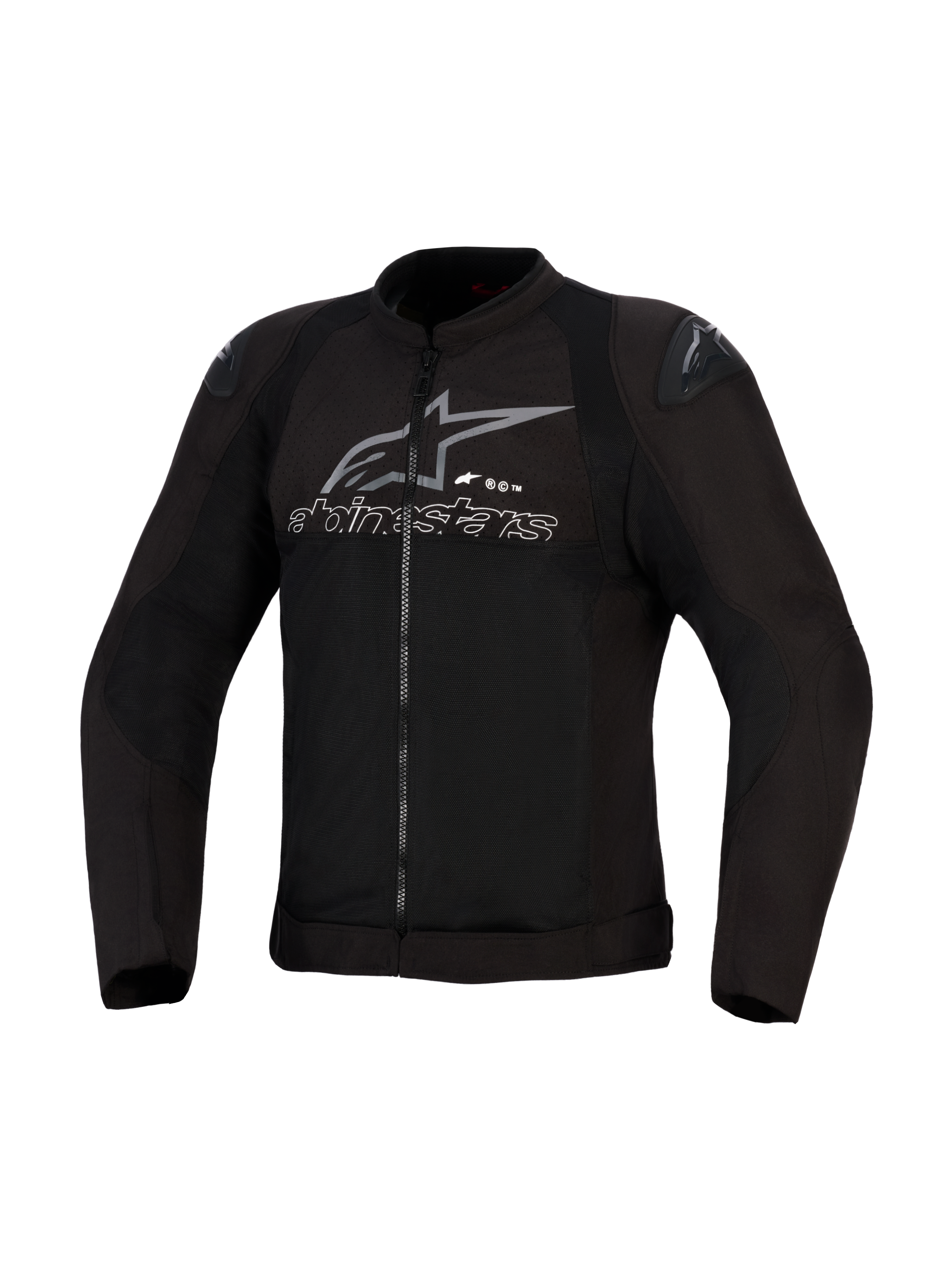 Veste Alpinestars SMX Air, Noir et Anthracite, veste de moto en textile ventilé, panneaux en maille haute performance, sliders d'épaule DFS Lite, logo et texte Alpinestars gris sur la poitrine