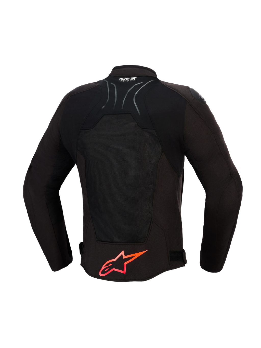 Veste Alpinestars SMX Air, veste de moto, noire avec détails rouge vif, vue de dos montrant les panneaux en maille technique pour la circulation de l'air, grand logo Alpinestars rouge sur le bas du dos, logo Tech-Air Ready sur le col, design sportif pour une conduite haute performance
