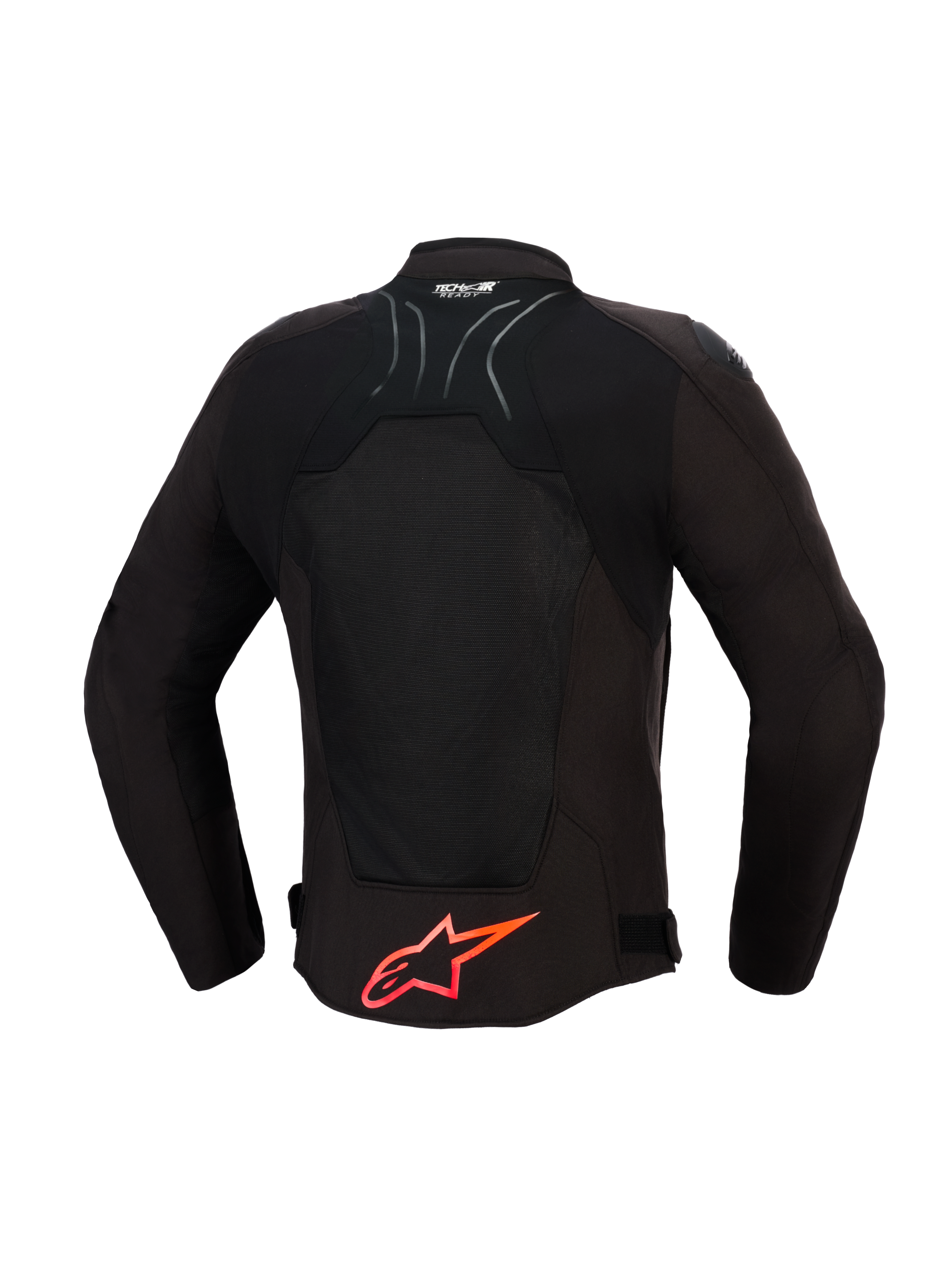 Veste Alpinestars SMX Air, veste de moto, noire avec détails rouge vif, vue de dos montrant les panneaux en maille technique pour la circulation de l'air, grand logo Alpinestars rouge sur le bas du dos, logo Tech-Air Ready sur le col, design sportif pour une conduite haute performance
