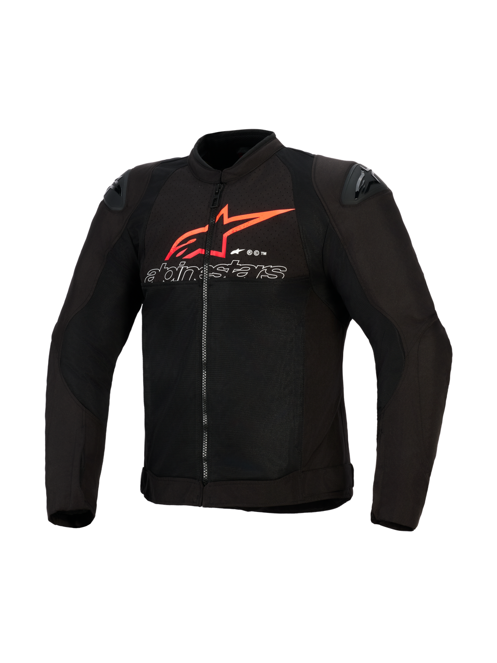 Veste Alpinestars SMX Air, veste de moto, noire avec des accents rouge vif et blancs, ornée d'un grand logo étoile Alpinestars rouge et d'un texte aux contours blancs sur la poitrine, panneaux en maille avec sliders d'épaule noirs, équipement de conduite sportive haute performance.