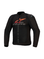 Veste Alpinestars SMX Air, veste de moto, noire avec des accents rouge vif et blancs, ornée d'un grand logo étoile Alpinestars rouge et d'un texte aux contours blancs sur la poitrine, panneaux en maille avec sliders d'épaule noirs, équipement de conduite sportive haute performance.
