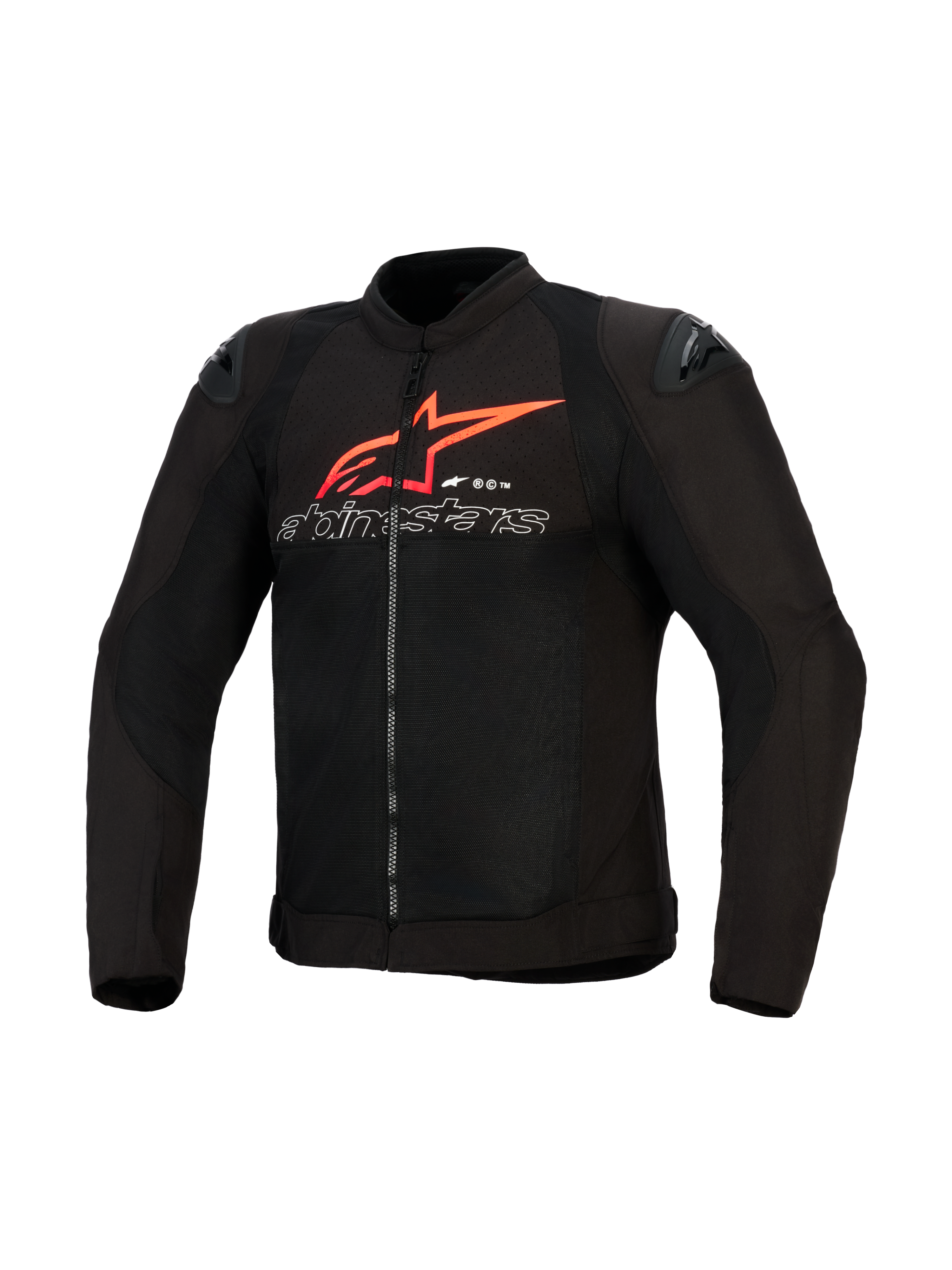 Veste Alpinestars SMX Air, veste de moto, noire avec des accents rouge vif et blancs, ornée d'un grand logo étoile Alpinestars rouge et d'un texte aux contours blancs sur la poitrine, panneaux en maille avec sliders d'épaule noirs, équipement de conduite sportive haute performance.
