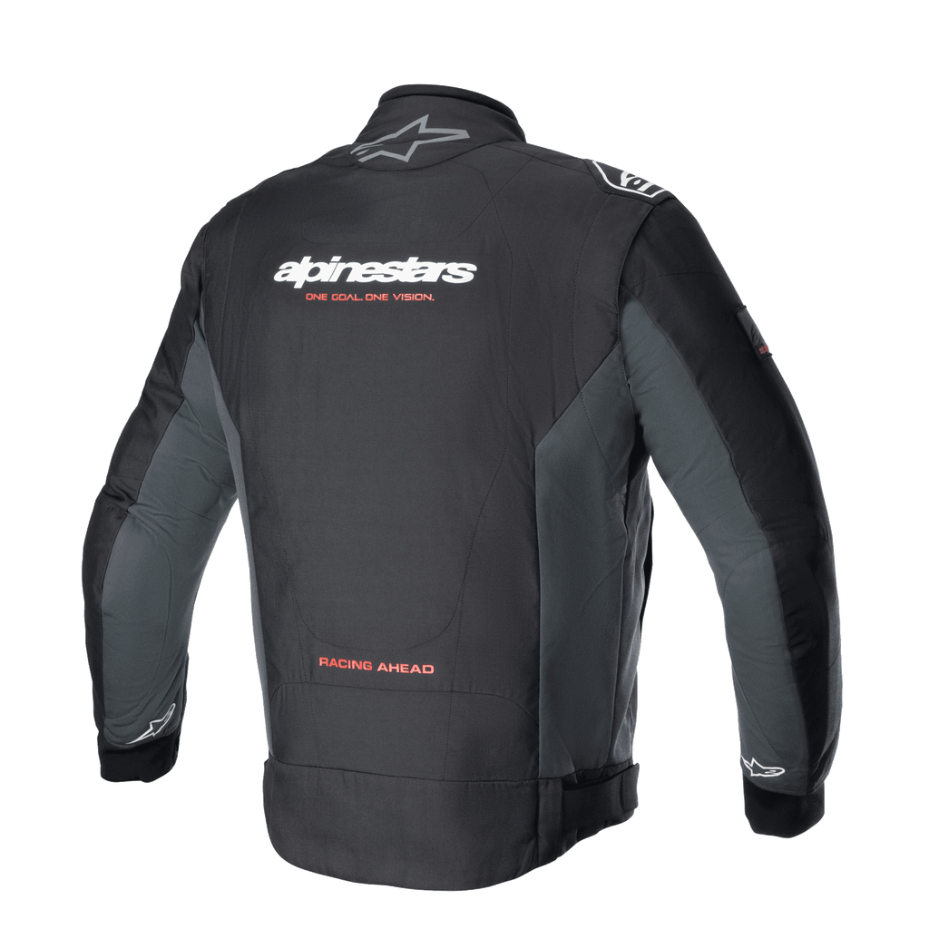Alpinestars Monza Sport Jacket, Black Tar Gray textiel motorjas, achteraanzicht met witte branding en rode 'ONE GOAL. ONE VISION.' slogan, grijze zijpanelen en 'RACING AHEAD' tekst op de onderrug