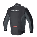 Alpinestars Monza Sport Jacket, Black Tar Gray textiel motorjas, achteraanzicht met witte branding en rode 'ONE GOAL. ONE VISION.' slogan, grijze zijpanelen en 'RACING AHEAD' tekst op de onderrug