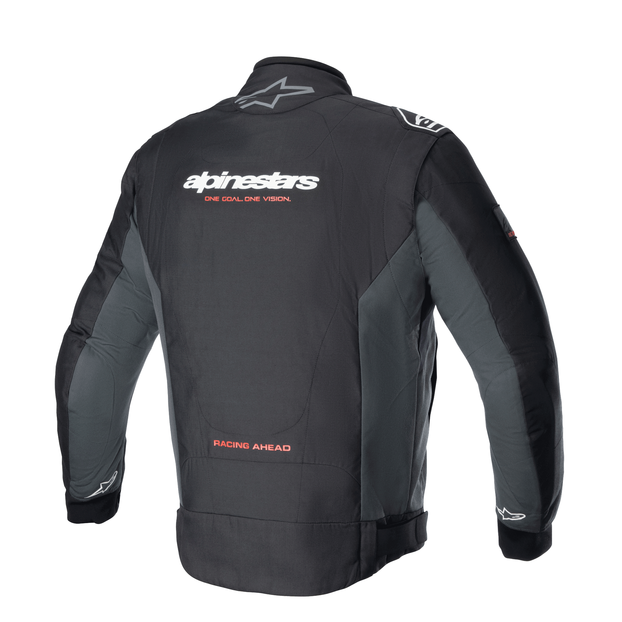 Alpinestars Monza Sport Jacket, Black Tar Gray textiel motorjas, achteraanzicht met witte branding en rode 'ONE GOAL. ONE VISION.' slogan, grijze zijpanelen en 'RACING AHEAD' tekst op de onderrug