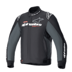 Alpinestars Monza Sport Jacket, Black Tar Gray textiel motorjas, hoge kraag met 'ONE GOAL. ONE VISION.' tekst, witte en grijze Alpinestars-logo's op de borst, sterlogo's op de schouders, rode grafische accenten, verstelbare tailleverstellers, strak technisch design