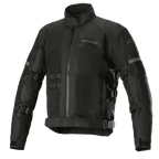 Alpinestars Crosshill Air Waterproof Jacket, Motorcycle Touring Jacket, Black, featuring large mesh ventilation panels, adjustable straps on arms and waist, reflective accents, high collar, and rugged textile construction with military-inspired details