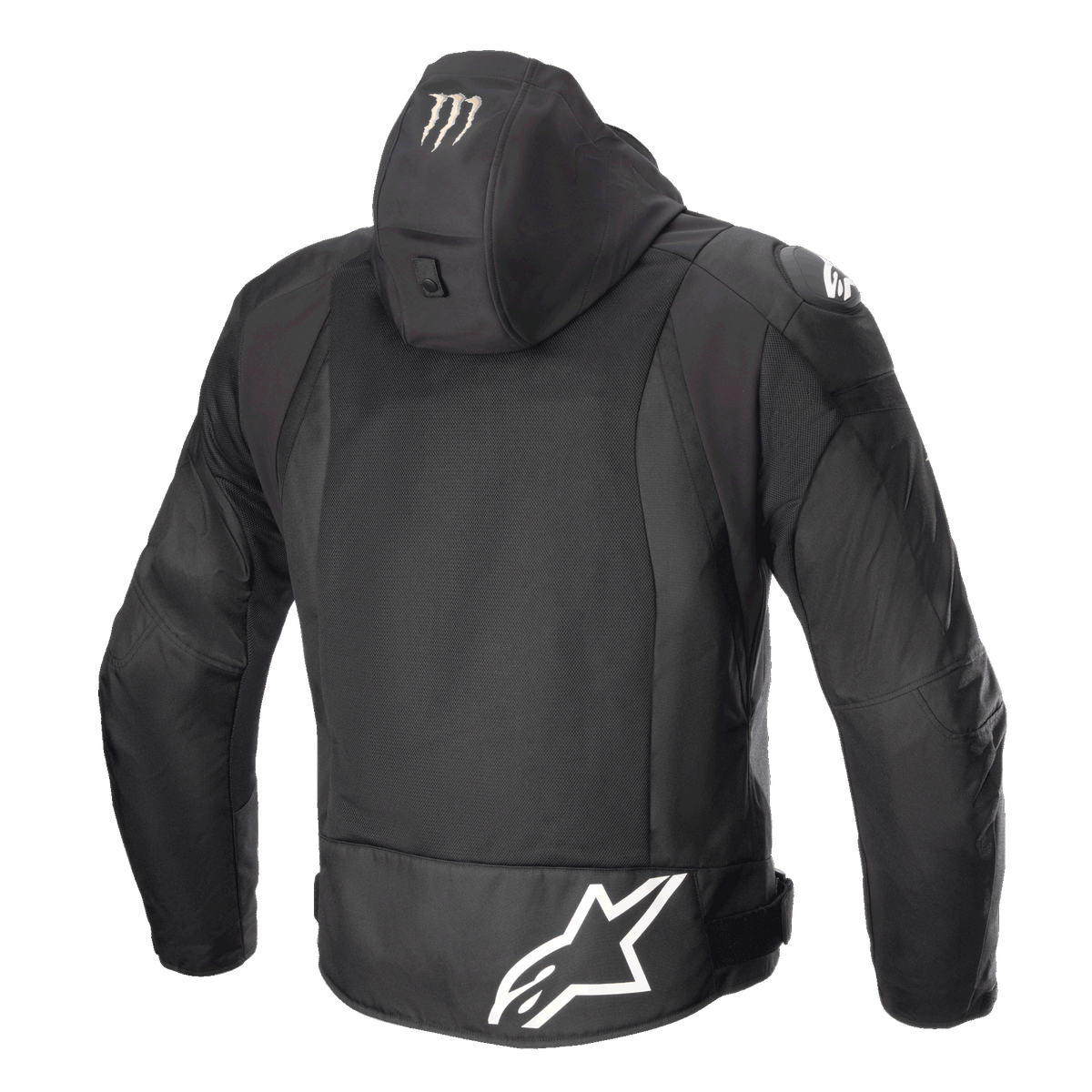 Alpinestars FQ20 Zaca Air Monster Jacket, Textile Motorcycle Jacket, Black and White, Rear view showing large white Alpinestars logo on the lower back, Monster Energy claw logo on the hood, 3D mesh ventilation panels, and DFS Lite shoulder sliders.