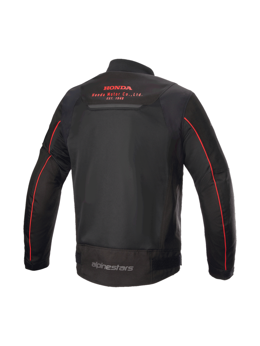 Honda Luc V2 Air Jas, Alpinestars urban motorjas in zwart en rood, achteraanzicht met meshpanelen en Honda-logo.