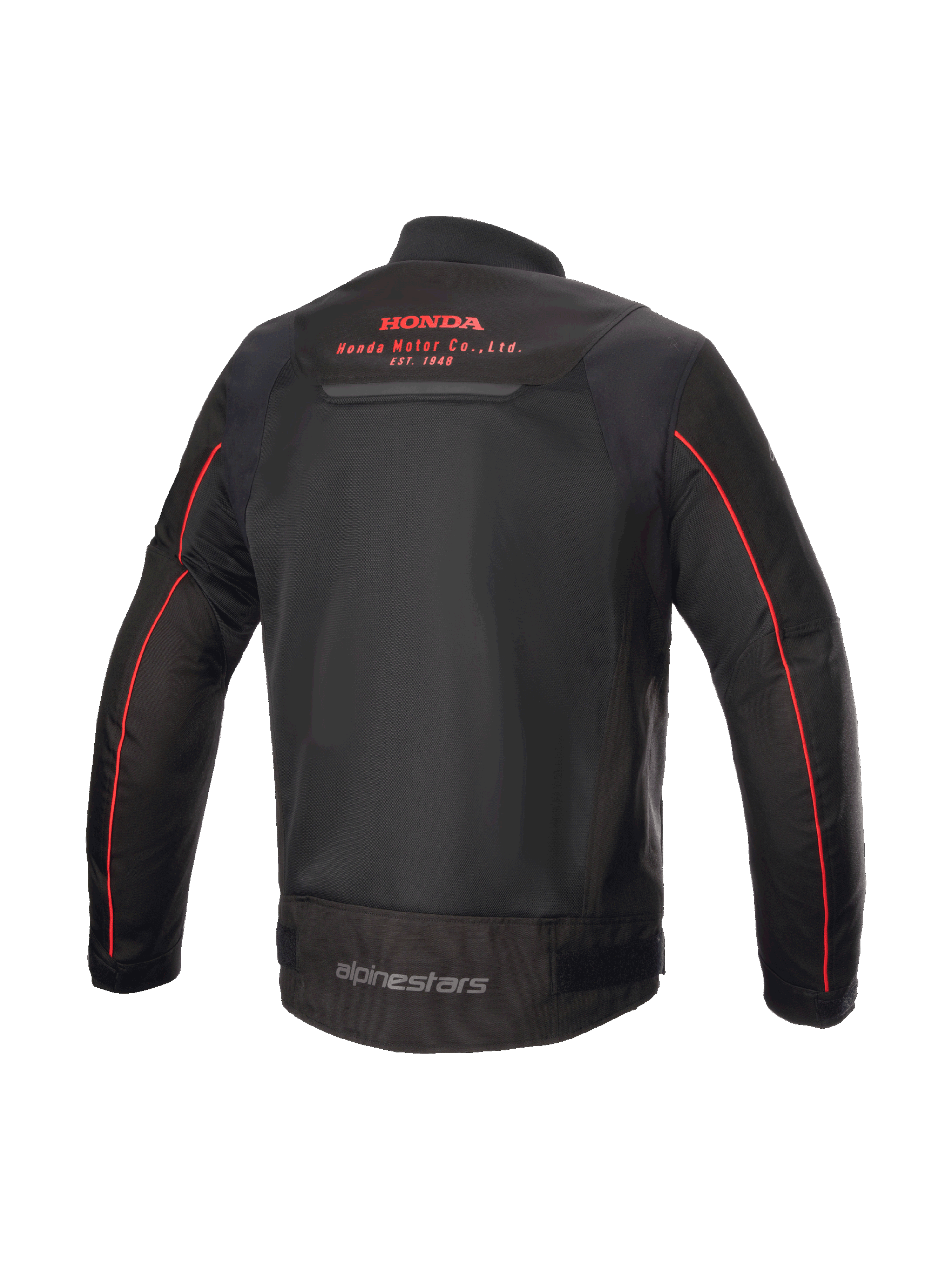 Honda Luc V2 Air Jas, Alpinestars urban motorjas in zwart en rood, achteraanzicht met meshpanelen en Honda-logo.