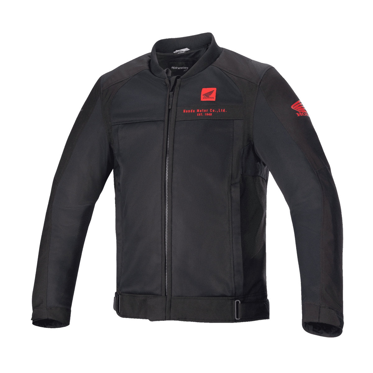 Honda Luc V2 Air Jacket, Black Motorcycle Jacket, Long Sleeves, Front Zipper, Red Logos on Chest and Shoulder, Adjustable Cuffs and Waistband, Fitted Design with Reinforced Protection Areas