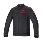 Alpinestars Honda Luc V2 Air Jacket, zwarte motorjas, bomberstijl met mesh-panelen, rood Honda-logo op de borst en mouw, volledige ritssluiting, geribbelde kraag, verstelbare tailleband en manchetten, textielmateriaal voor stedelijk rijden