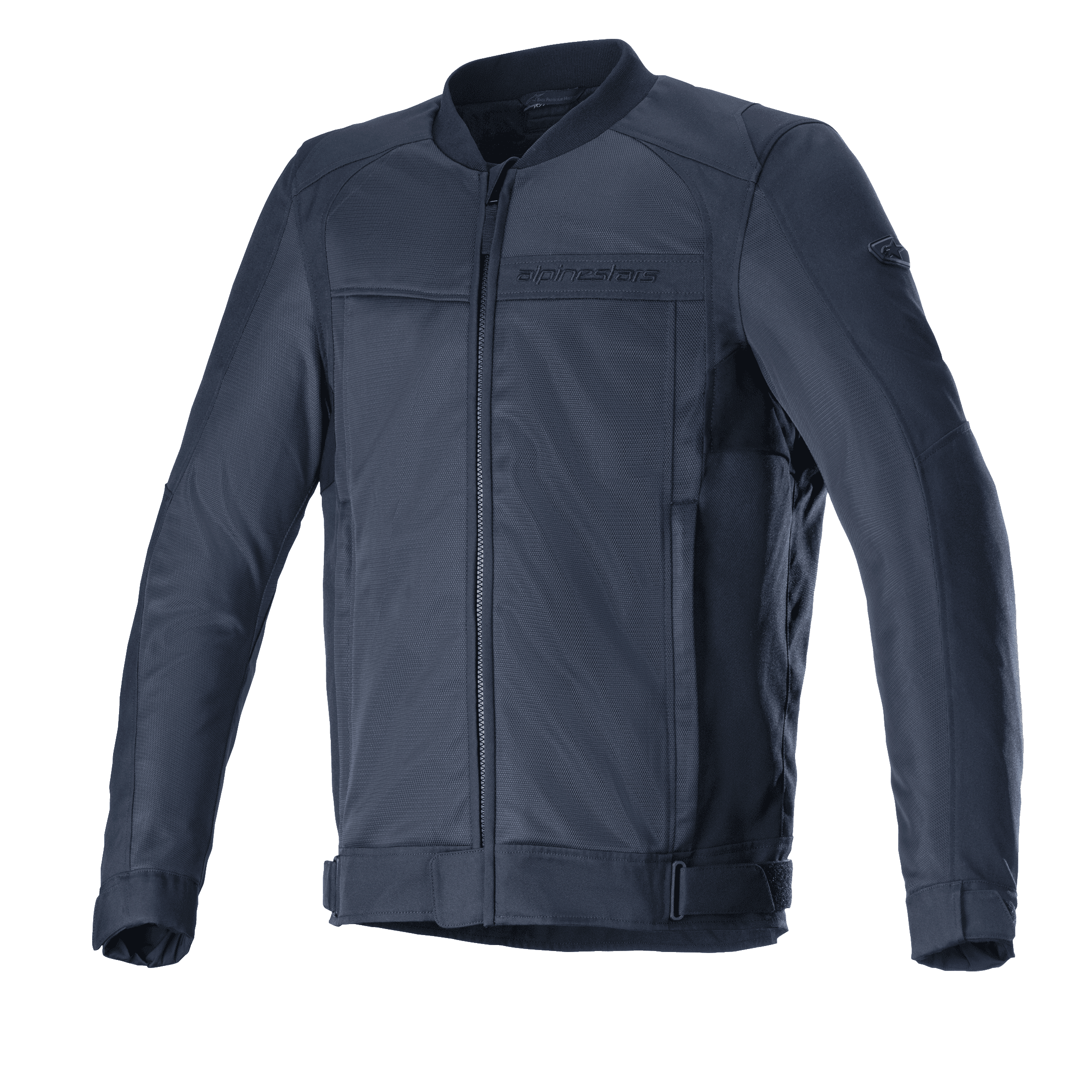 Alpinestars Luc V2 Air Jacket, Motorcycle Urban Riding Jacket, Navy Black, Bomber-style design with front zipper, extensive mesh panels for airflow, adjustable waist straps, and subtle branding on chest