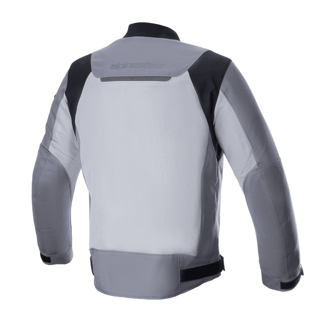 Veste Alpinestars Luc V2 Air, veste de moto en textile, gris foncé et gris moyen, vue arrière avec un grand panneau en mesh ventilé, détails noirs aux épaules et marquage réfléchissant sur le haut du dos