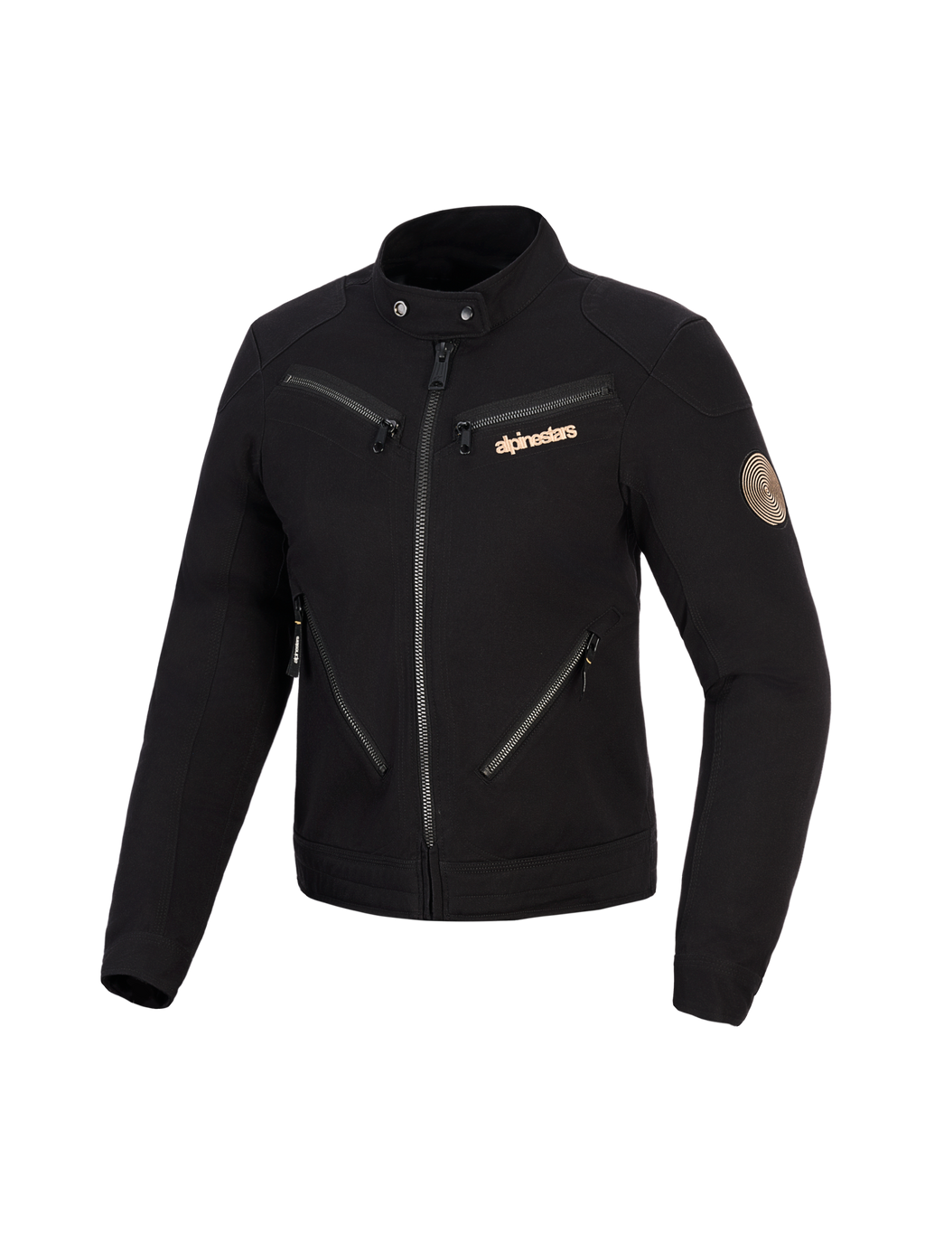 Alpinestars Stella Grace Jacke, Motorradjacke für Damen, Schwarz, urbanes, von Workwear inspiriertes Design mit mehreren Front-Reißverschlüssen, Kragen mit Druckknopf, kupferfarbenem Alpinestars-Logo und Vintage-Spiral-Aufnäher am Ärmel.