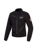 Alpinestars Stella Grace Jacke, Motorradjacke für Damen, Schwarz, urbanes, von Workwear inspiriertes Design mit mehreren Front-Reißverschlüssen, Kragen mit Druckknopf, kupferfarbenem Alpinestars-Logo und Vintage-Spiral-Aufnäher am Ärmel.