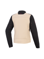 Veste Stella Grace Alpinestars pour femme, veste de moto pour femme, Aluminum Black, vue arrière, construction textile avec un buste beige, des manches noires et un petit logo rose sur le col.