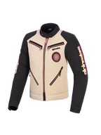 Veste Alpinestars Stella Grace, veste de moto pour femme, aluminium et noir avec des touches de rose sur les fermetures éclair, vue de face montrant un design urbain inspiré du style workwear, écusson Oscar en spirale sur la poitrine et marquage Alpinestars sur les manches