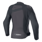 Veste Alpinestars Stella T-GP Plus R V4, veste de moto en textile pour femme, noir/noir, vue arrière avec un logo Astar ton sur ton sur le haut du dos et le marquage 'alpinestars RACING AHEAD' sur l'ourlet inférieur, coupe sport ajustée avec panneaux de protection visibles.