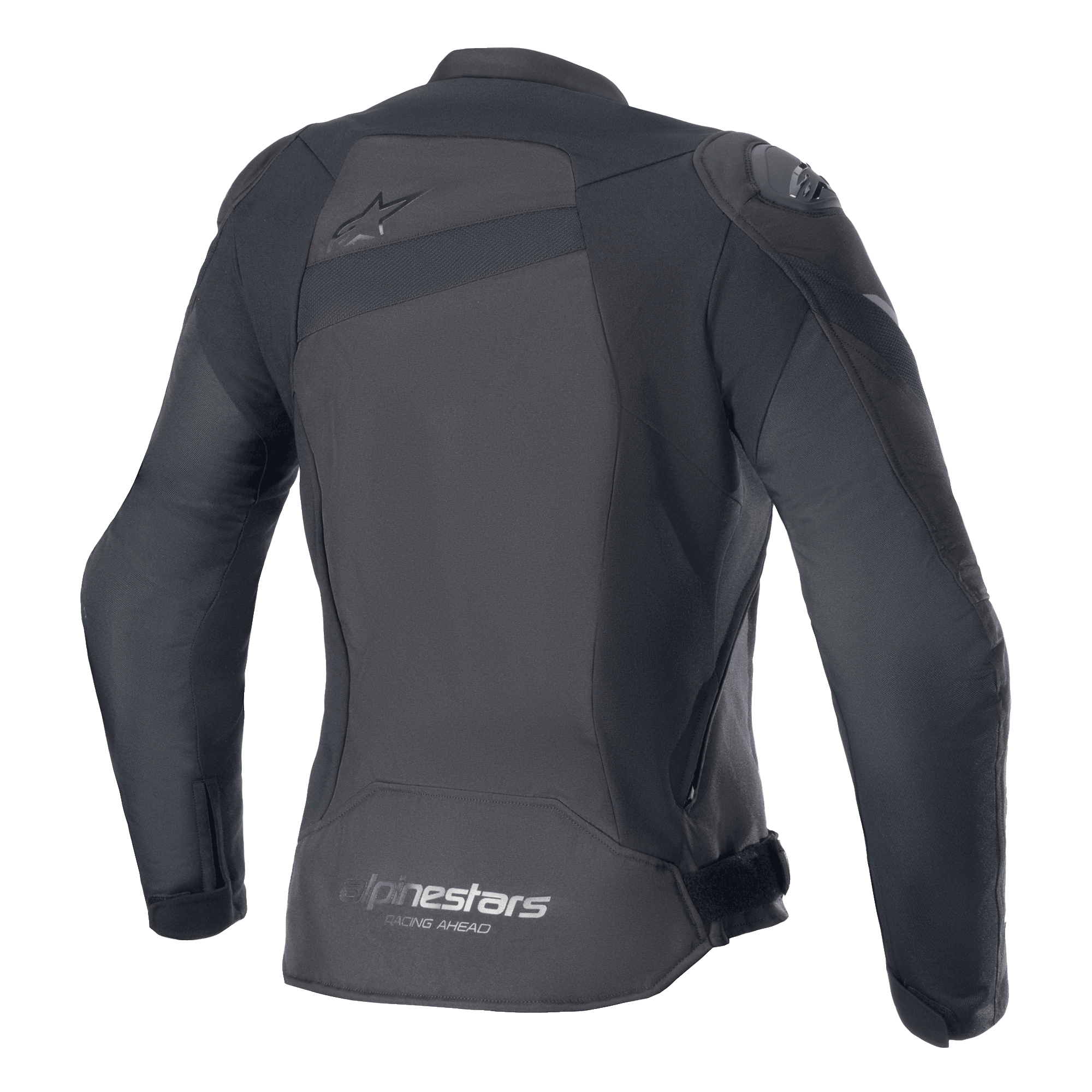 Veste Alpinestars Stella T-GP Plus R V4, veste de moto en textile pour femme, noir/noir, vue arrière avec un logo Astar ton sur ton sur le haut du dos et le marquage 'alpinestars RACING AHEAD' sur l'ourlet inférieur, coupe sport ajustée avec panneaux de protection visibles.