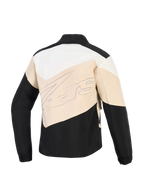 Alpinestars Stella Moshell Jacket, urban motorjas voor dames, Black Sand en Off White, achteraanzicht met asymmetrische kleurvlakken en een groot script-merklogo over het midden.