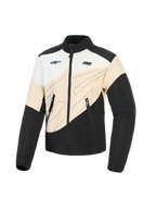 Alpinestars Stella Moshell jas, urban motorjas voor dames, Black Sand en Off White, asymmetrisch kleurblok-ontwerp met blauwe lijntekeningen, ritssluiting aan de voorzijde en dubbele logo's op de borst, op streetwear geïnspireerde beschermende motorkleding