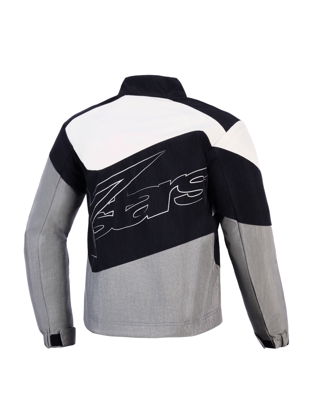 Alpinestars Stella Moshell jas, dames urban motorjas in zwart en grijs winddicht textiel, achteraanzicht.