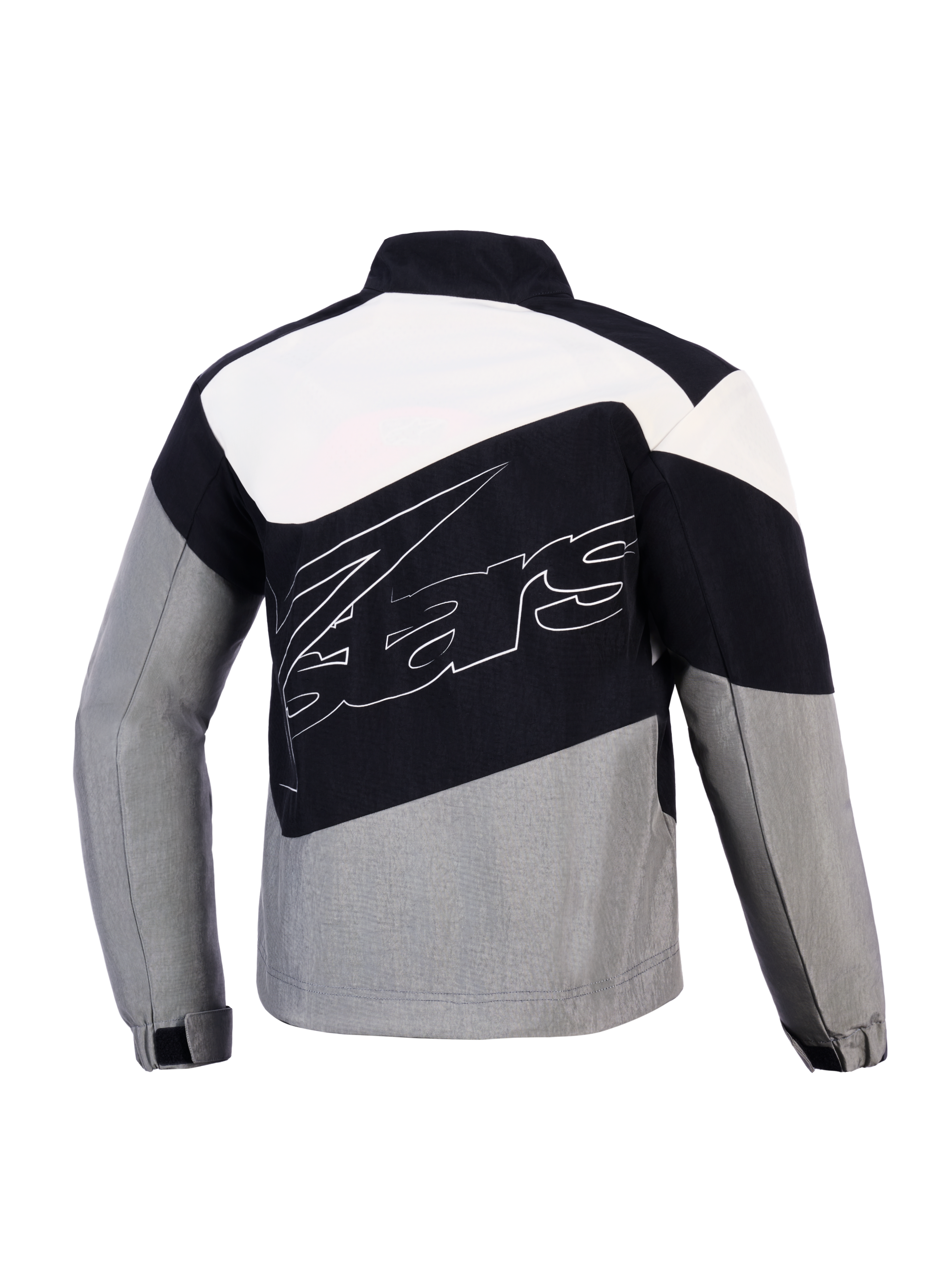Alpinestars Stella Moshell jas, dames urban motorjas in zwart en grijs winddicht textiel, achteraanzicht.