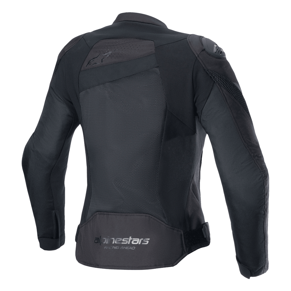 Alpinestars Stella T-GP Plus R V4 Airflow Jacke, Schwarz, Rückansicht mit großen Mesh-Einsätzen für maximale Belüftung, 'Alpinestars Racing Ahead' Branding am unteren Rücken, Sport-Textilmotorradjacke für Damen
