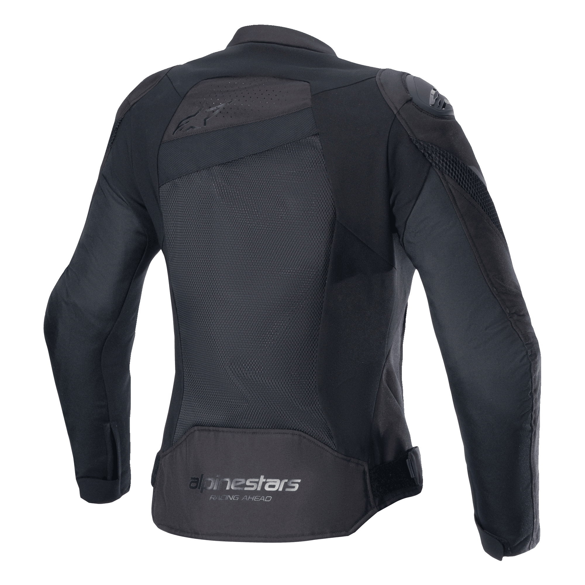 Alpinestars Stella T-GP Plus R V4 Airflow Jacke, Schwarz, Rückansicht mit großen Mesh-Einsätzen für maximale Belüftung, 'Alpinestars Racing Ahead' Branding am unteren Rücken, Sport-Textilmotorradjacke für Damen