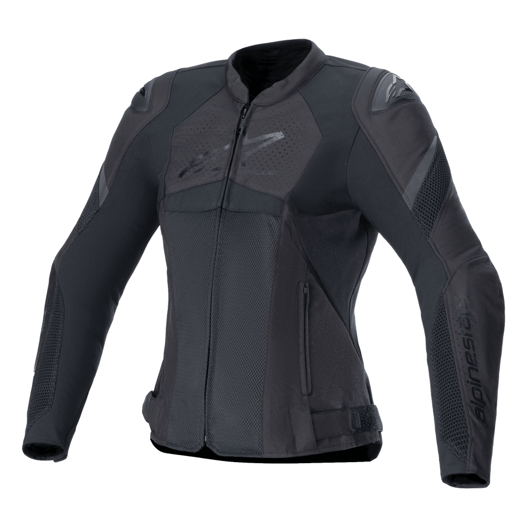 Alpinestars Stella T-GP Plus R V4 Airflow Jacke, Damen-Sportmotorradjacke, Schwarz, große Mesh-Belüftungseinsätze, perforierte Brustbereiche mit Alpinestars-Logo, DFS Lite Schulterprotektoren, anatomisch vorgeformte Passform für sommerliche Fahrten