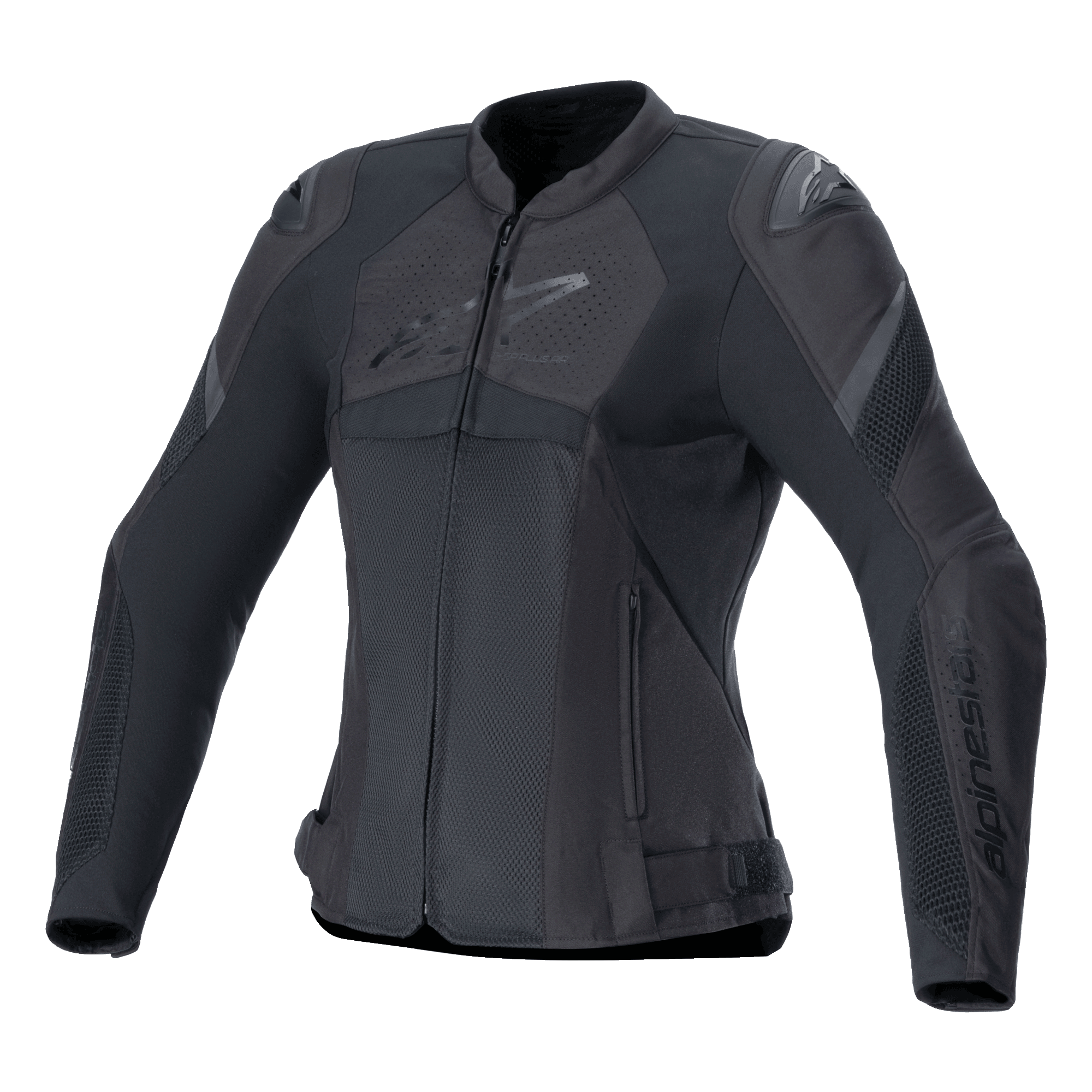Alpinestars Stella T-GP Plus R V4 Airflow Jacke, Damen-Sportmotorradjacke, Schwarz, große Mesh-Belüftungseinsätze, perforierte Brustbereiche mit Alpinestars-Logo, DFS Lite Schulterprotektoren, anatomisch vorgeformte Passform für sommerliche Fahrten