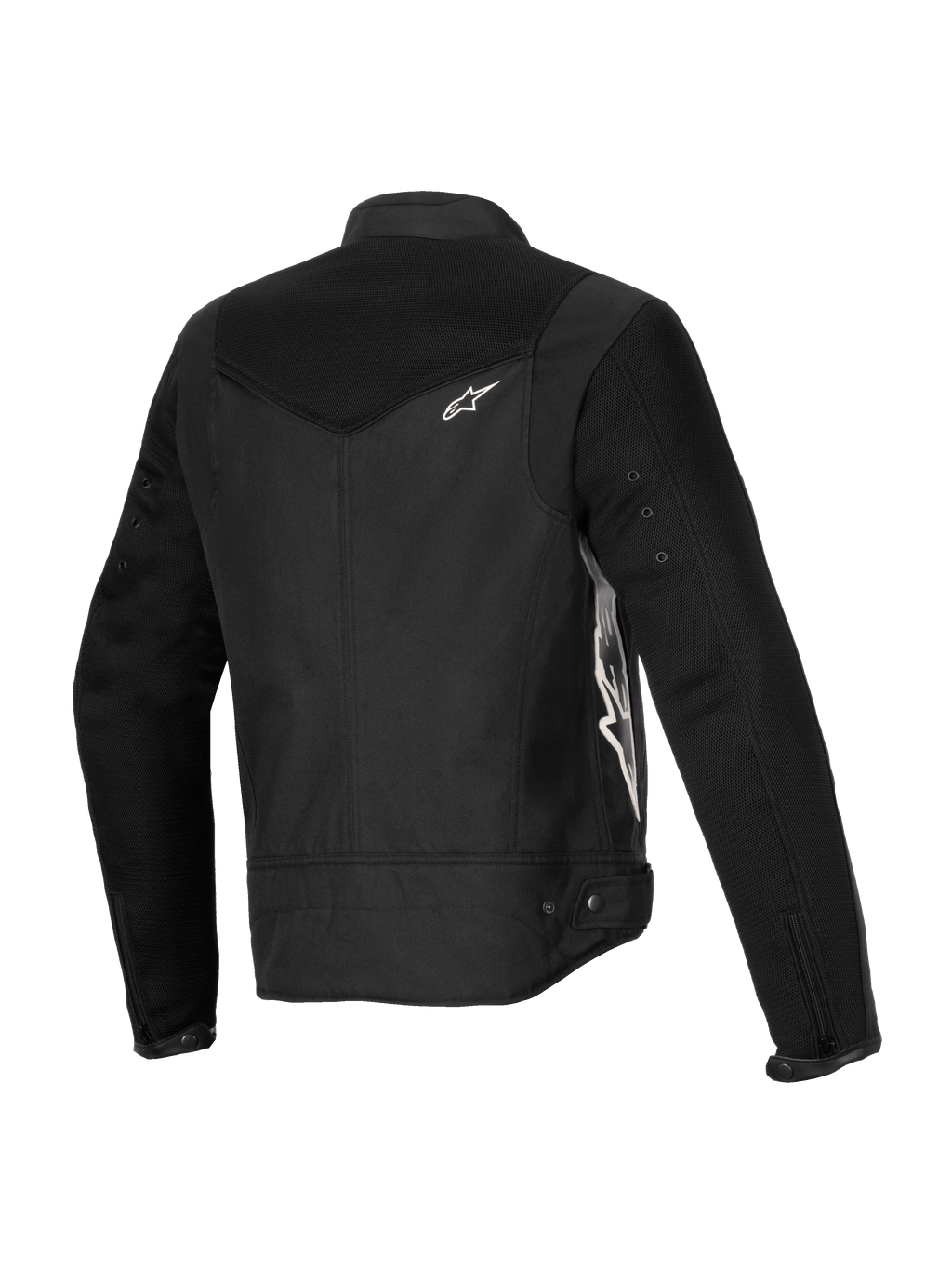 Alpinestars Stella T-Dyno Air Jas, damesmotorjas, zwart, driekwart achteraanzicht met uitgebreide 3D mesh-panelen op het juk en de mouwen, wit Alpinestars-logo en getailleerde textielconstructie voor zomerse ritten