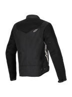 Alpinestars Stella T-Dyno Air Jas, damesmotorjas, zwart, driekwart achteraanzicht met uitgebreide 3D mesh-panelen op het juk en de mouwen, wit Alpinestars-logo en getailleerde textielconstructie voor zomerse ritten