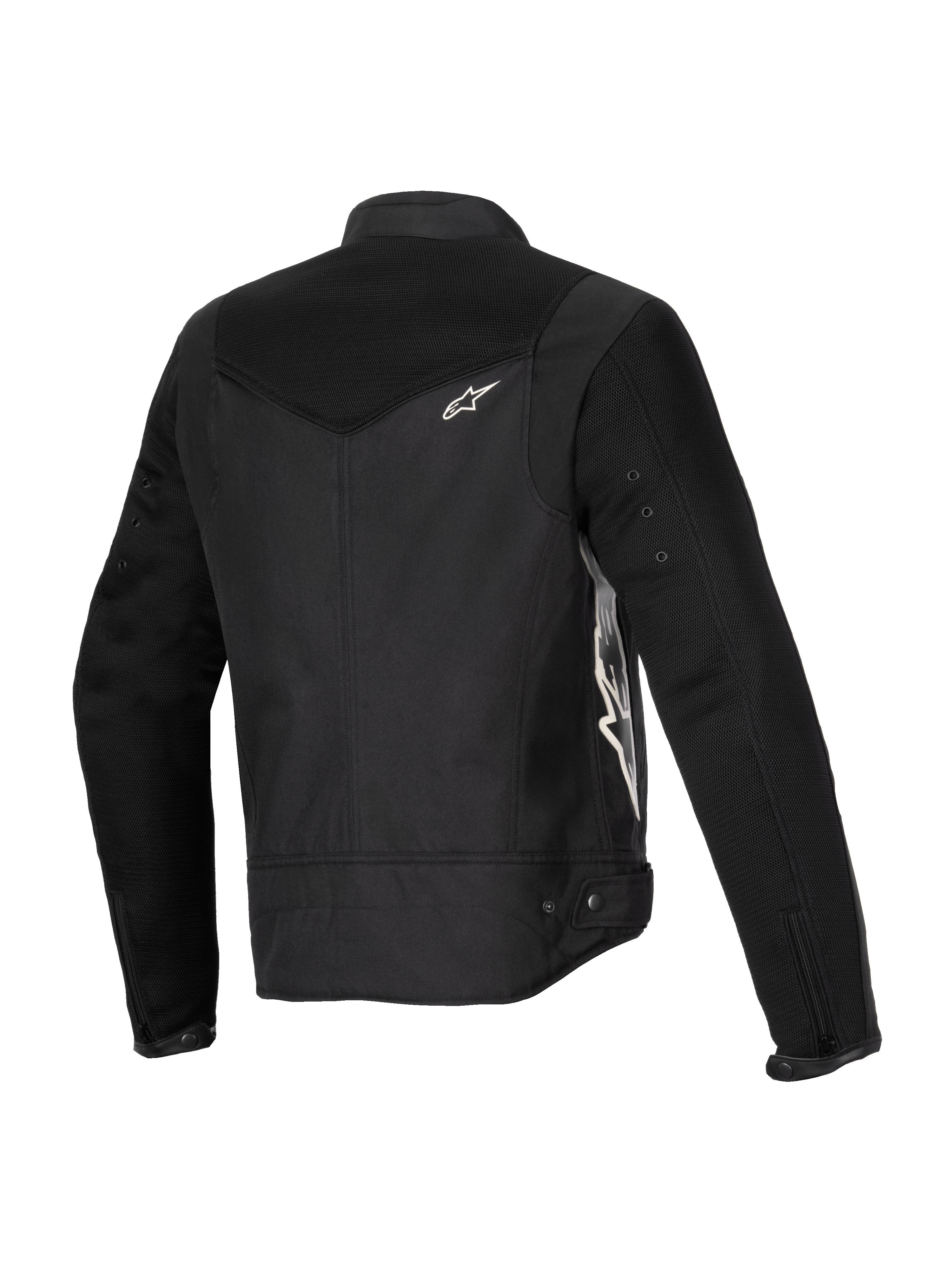 Alpinestars Stella T-Dyno Air Jas, damesmotorjas, zwart, driekwart achteraanzicht met uitgebreide 3D mesh-panelen op het juk en de mouwen, wit Alpinestars-logo en getailleerde textielconstructie voor zomerse ritten