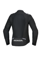 Alpinestars Honda Stella T-SPS Air V2 damesjas, achteraanzicht, zwart met donkergrijze en lichtgrijze accenten, voorzien van een groot tech-mesh rugpaneel en wit Honda-logo op de onderrug, prestatiegerichte pasvorm specifiek voor dames.