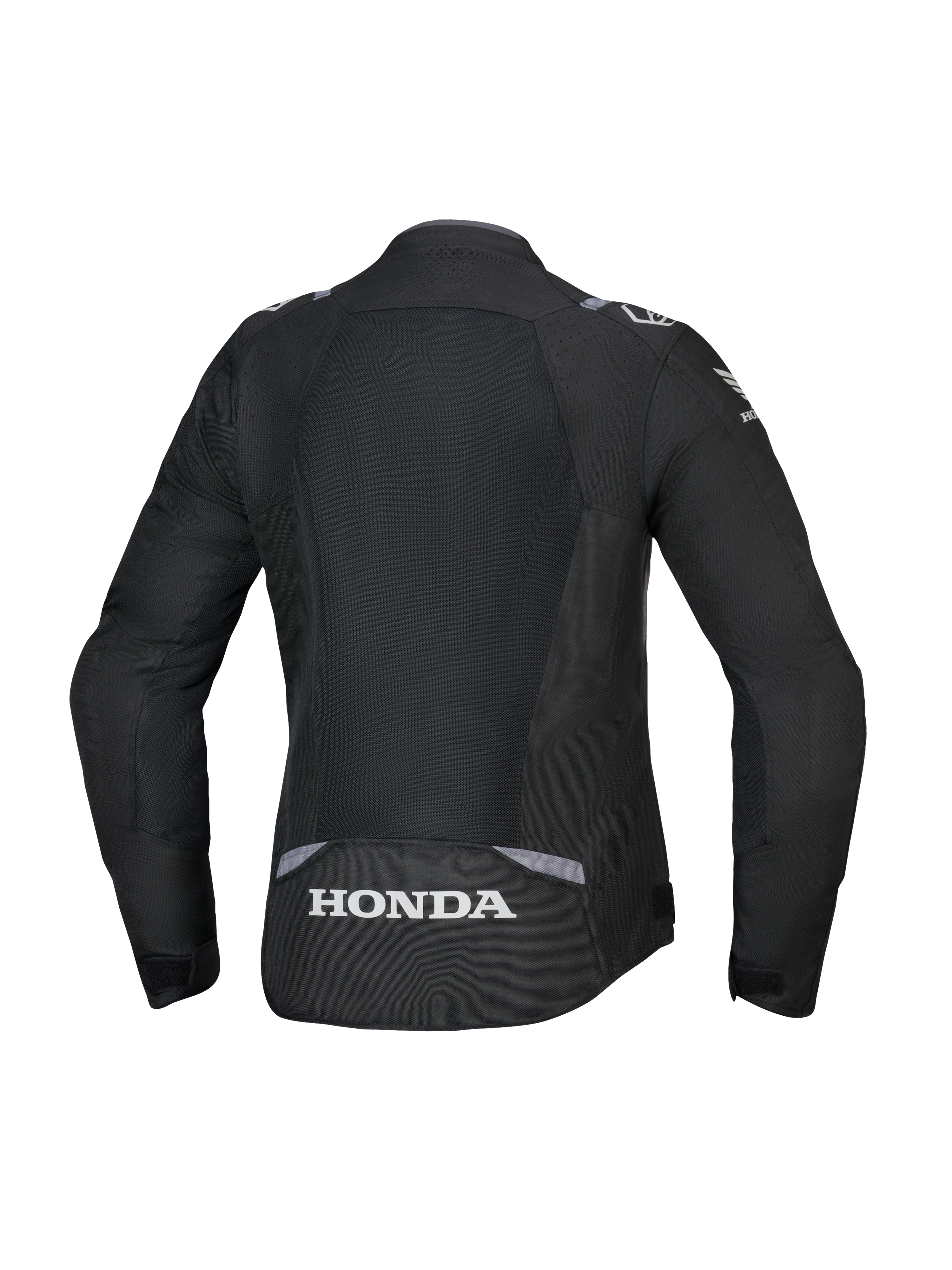 Alpinestars Honda Stella T-SPS Air V2 damesjas, achteraanzicht, zwart met donkergrijze en lichtgrijze accenten, voorzien van een groot tech-mesh rugpaneel en wit Honda-logo op de onderrug, prestatiegerichte pasvorm specifiek voor dames.