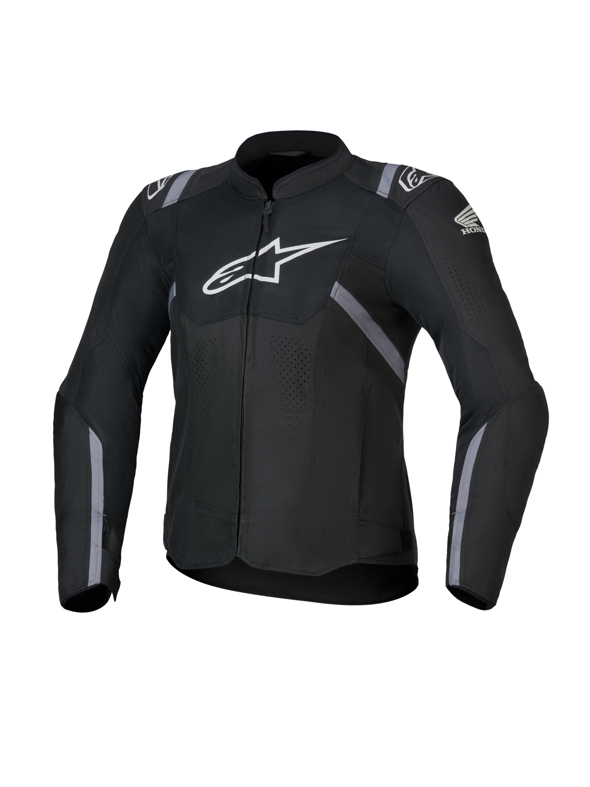 Veste Honda Stella T-SPS Air V2 pour femme, veste de moto en textile, noire avec logos Alpinestars et Honda blancs, accents de bandes grises, panneaux en mesh perforé pour la circulation de l'air, coupe sport
