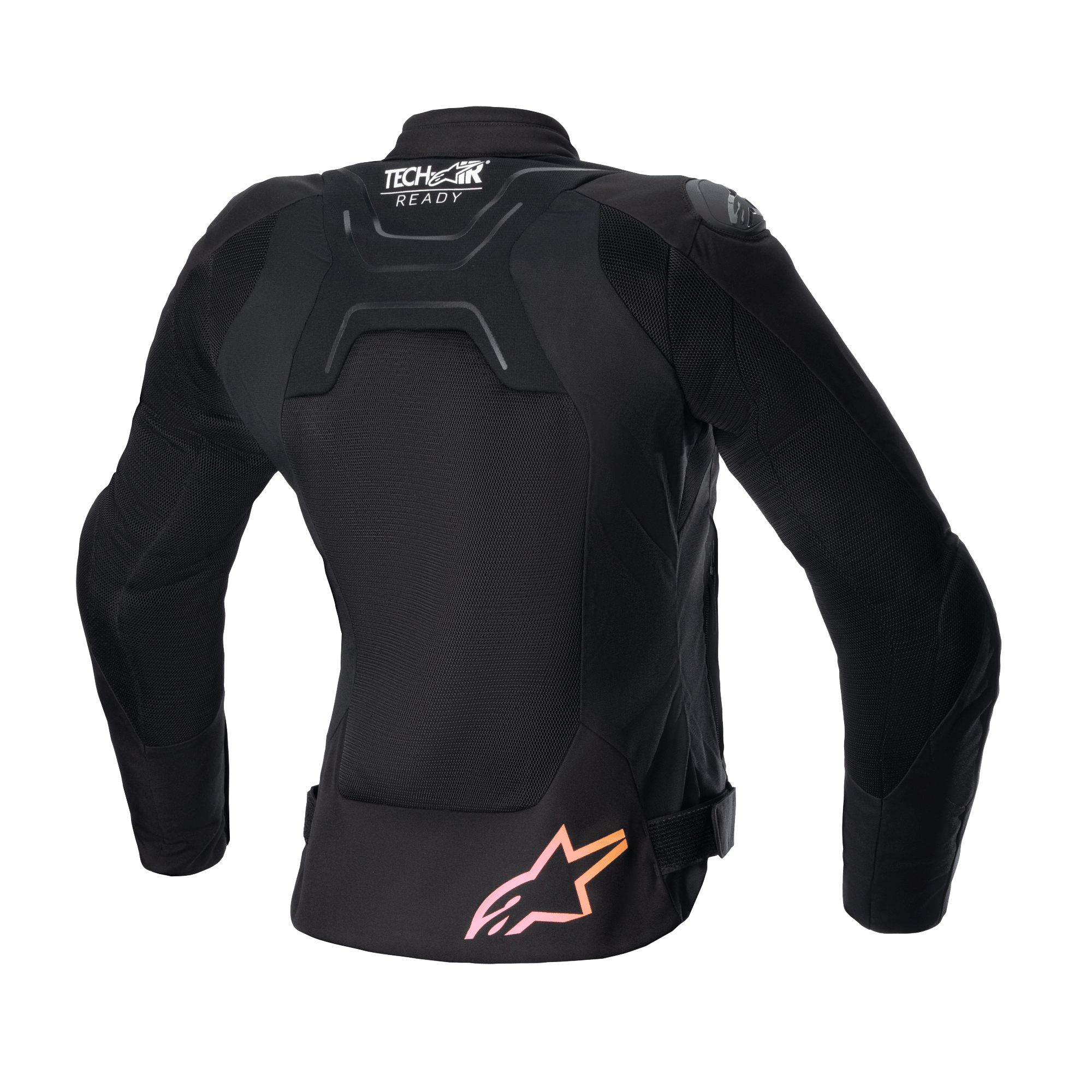 Alpinestars Stella SMX Air Damenjacke, Rückansicht, Schwarz mit Mesh-Einsätzen, mit „Tech-Air Ready“-Logo oben am Rücken und Stern-Logo mit Farbverlauf von Pink zu Orange unten, schützende Straßensport-Motorradjacke